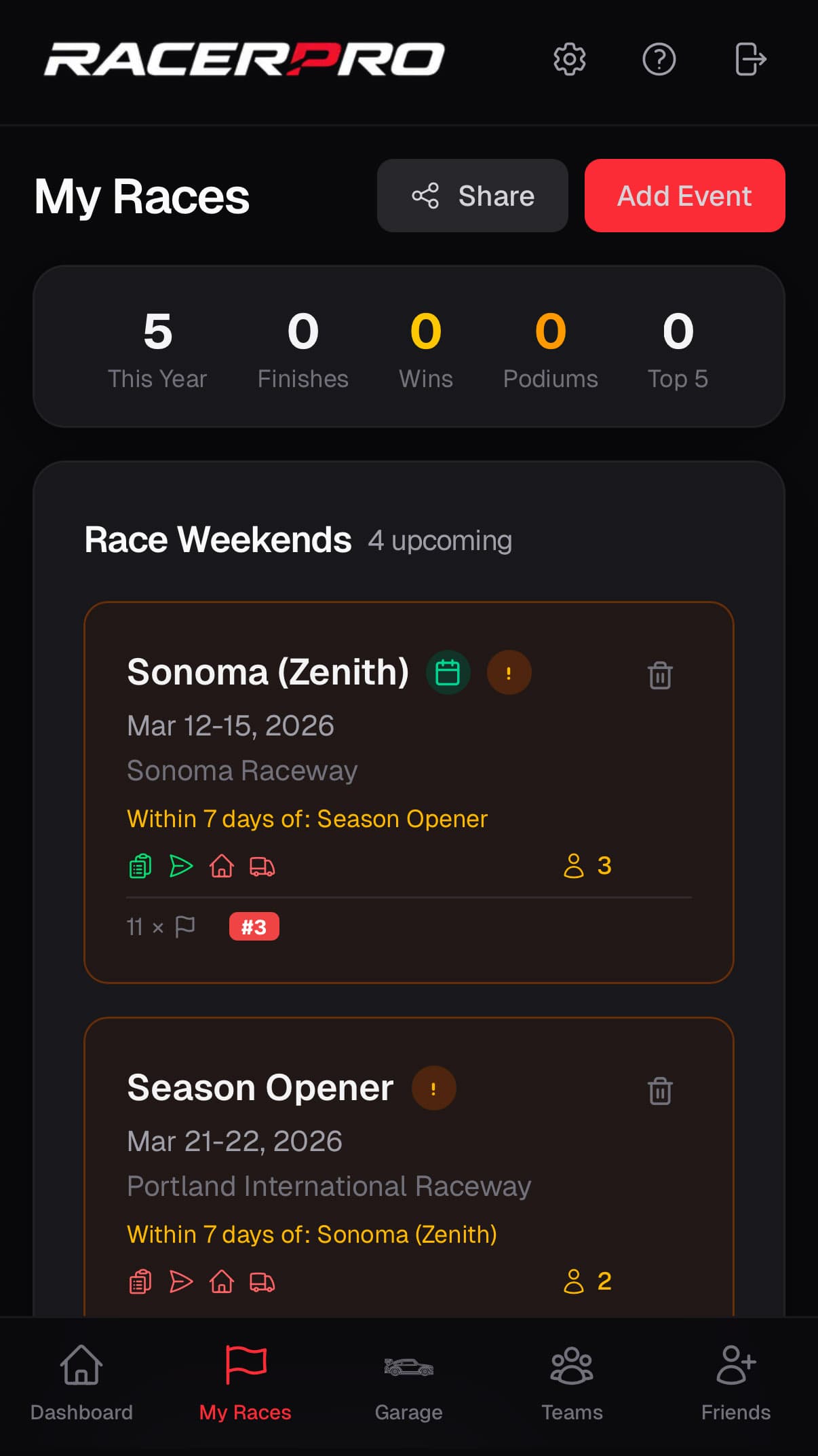 RacerPro Season view with event calendar